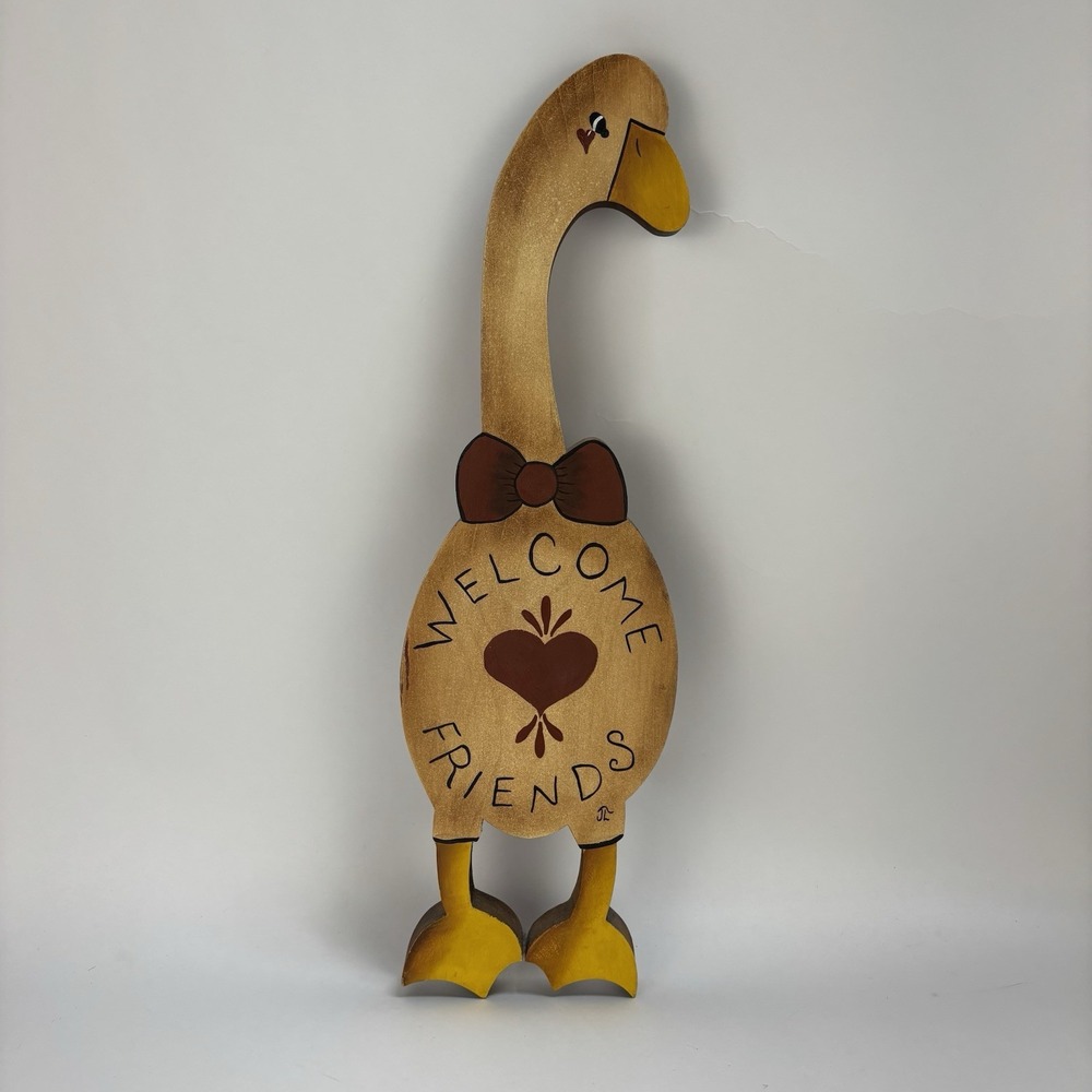 Wooden Goose Sign Welcome Friends Cottage Core Hearts Folk Art Hand Painted